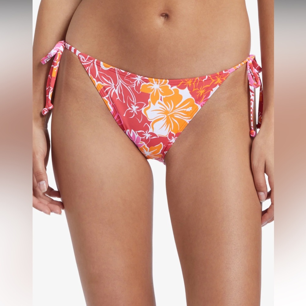 Roxy floral bikini bottoms with ties hibiscus red orange pink medium